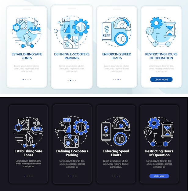 Regulaciones para compartir bicicletas en la pantalla de la página de la aplicación móvil incorporada. Recorrido de límite de velocidad Instrucciones gráficas de 4 pasos con conceptos. UI, UX, plantilla de vector GUI con ilustraciones lineales en modo día y noche