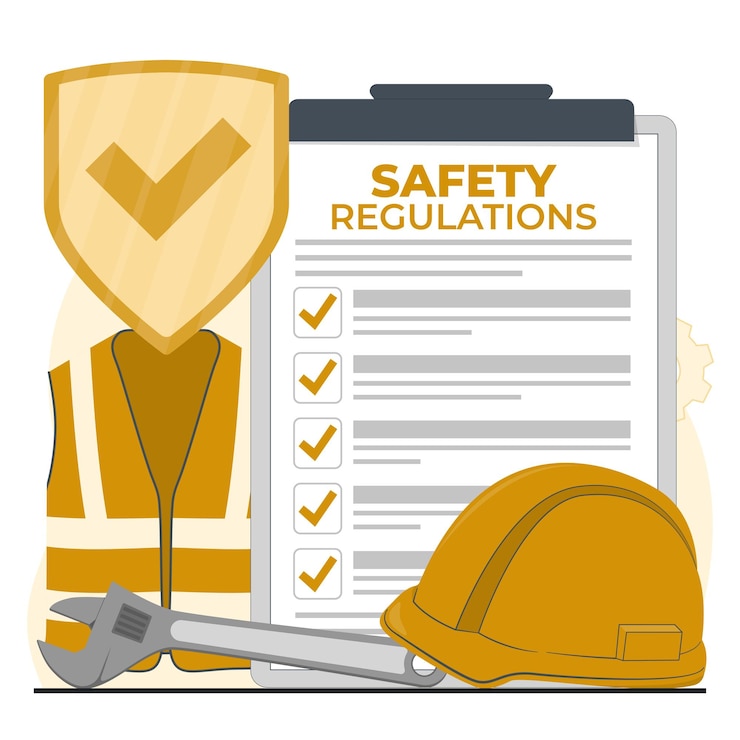 Vector regulaciones de seguridad trabajador de la construcción con casco de seguridad y lista de comprobación ilustración vectorial