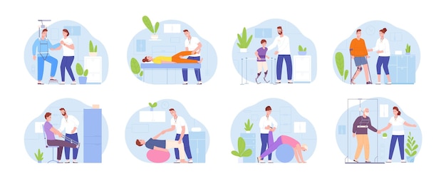Rehabilitación de fisioterapia Recuperación de lesiones por trauma de rodilla o enfermedad ortopédica Cuidado de enfermería de rehabilitación Personas con discapacidad en silla de ruedas en el centro de rehabilitación Ilustración vectorial de recuperación y fisioterapia
