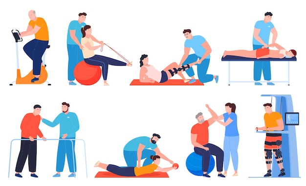 Rehabilitación postraumática de personas Médicos que tratan a pacientes después de la cirugía Ilustración vectorial sobre un fondo blanco