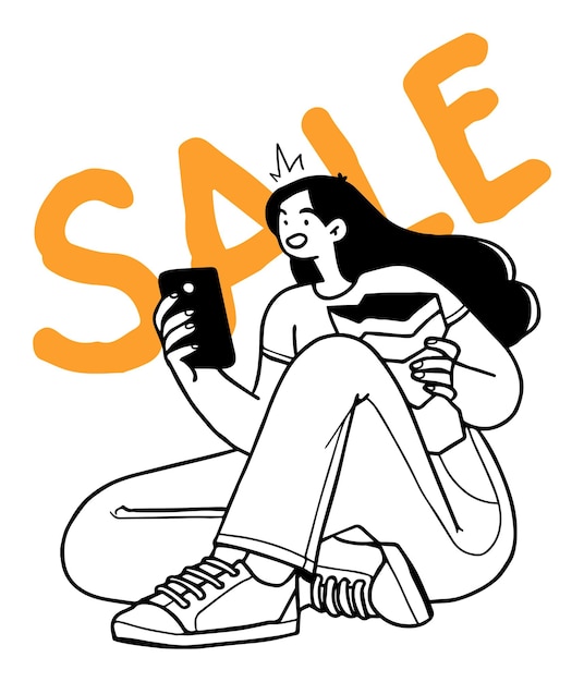 La reina de las compras, la chica alegre con la corona, navegando por las ventas en el teléfono inteligente.