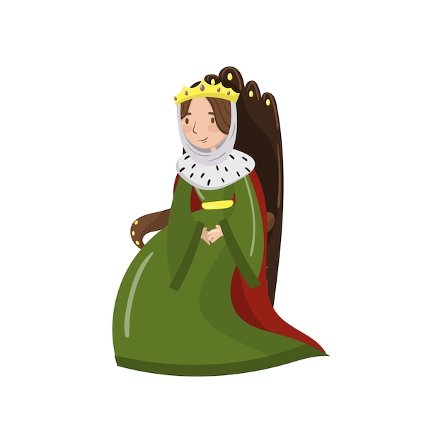 Reina majestuosa en corona dorada sentada en trono de madera cuento de hadas o vector de dibujos animados de carácter medieval ilustración sobre un fondo blanco