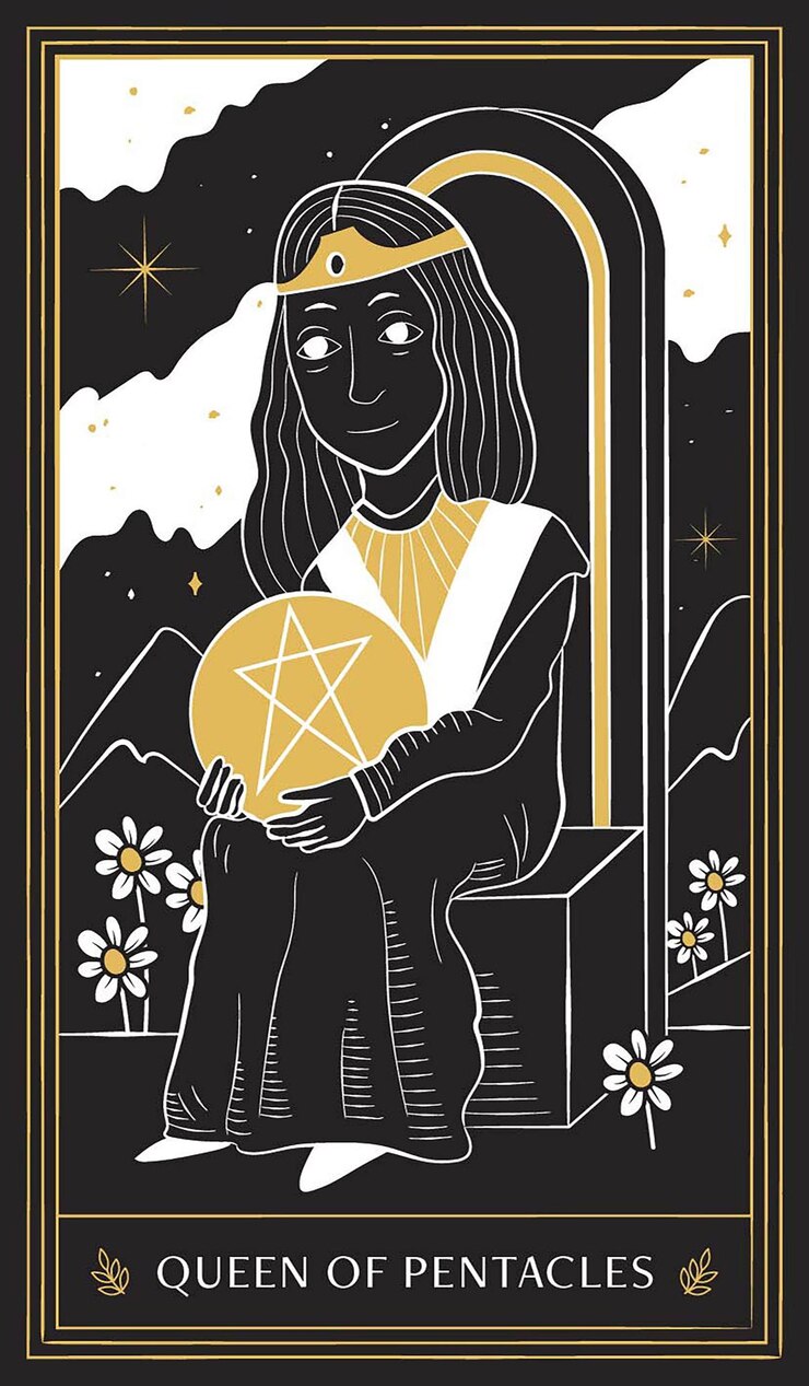 Vector reina de pentáculos carta del tarot en arcanos menores con garabato vectorial dibujado a mano en oro negro y blanco