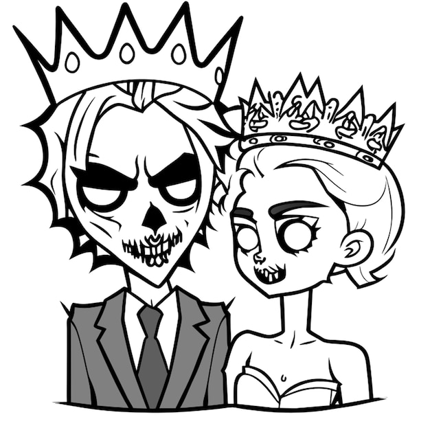 y reina rey de diamante con cara de zombies ambos se estan mirando de frente al estilo de tim burt
