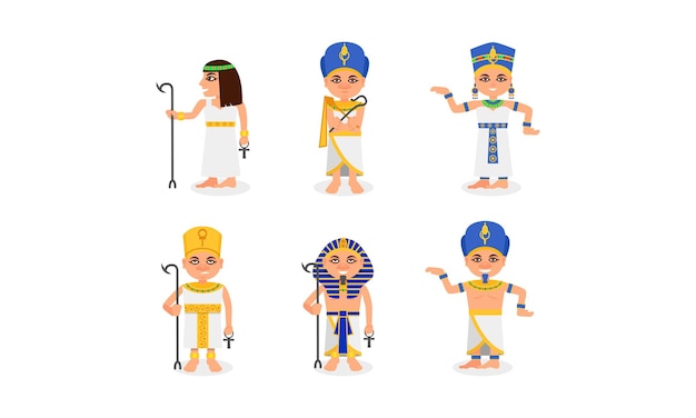 Reinas y faraones del antiguo Egipto en diferentes poses conjunto de ilustración vectorial aislado en blanco