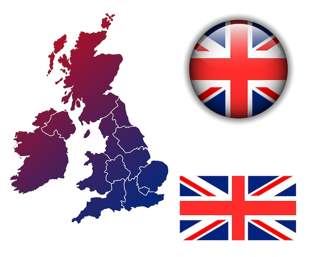 Vector reino unido, bandera de inglaterra, mapa y botón brillante