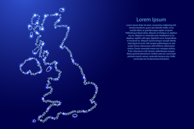 Reino Unido mapea el país a lo largo del contorno de las palabras azules inglesas recurrentes nombre del estado Gran Bretaña y estrellas espaciales brillantes