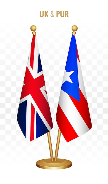 Reino Unido Reino Unido y Puerto Rico banderas permanentes aisladas en la bandera blanca del escritorio del Reino Unido