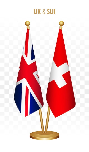 Reino Unido Reino Unido y Suiza banderas permanentes aisladas en la bandera blanca del escritorio del Reino Unido