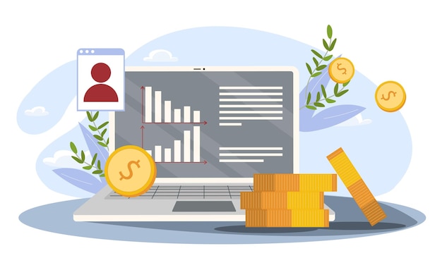 Reinversión de ganancias en línea Monedas de oro cerca de la computadora portátil con gráficos y diagramas Alfabetización financiera e ingresos pasivos Economía y comercio Ilustración vectorial plana