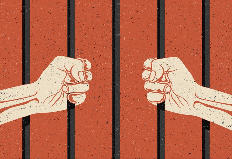 Tras las rejas. Dos manos brazos sosteniendo las barras. Concepto de encarcelamiento, privación de libertad.