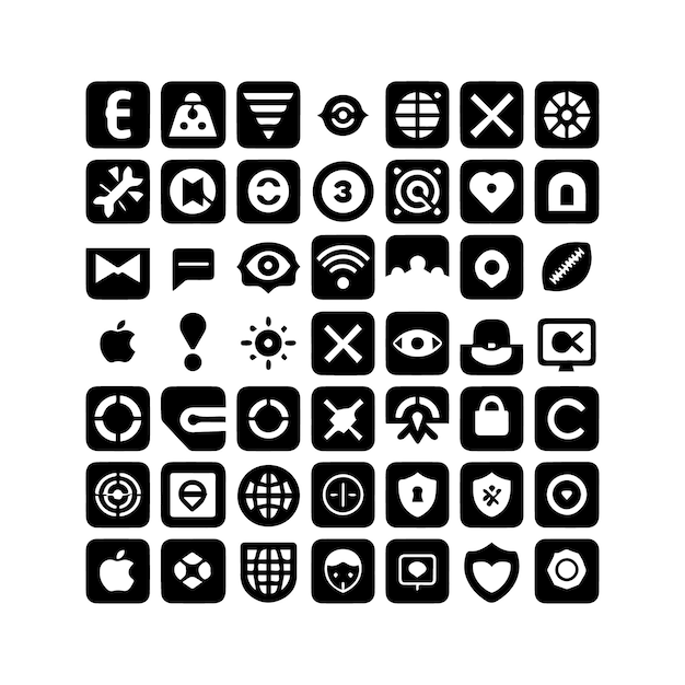 Rejilla de 3x3 de iconos en blanco y negro sobre un fondo blanco sencillo