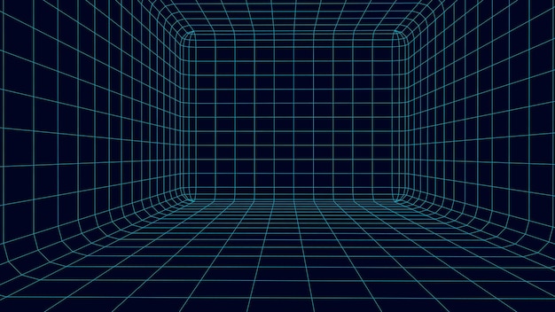 Rejilla azul de perspectiva sobre un fondo oscuro Ilustración vectorial futurista Marco de realidad virtual Fondo al estilo de los años 80