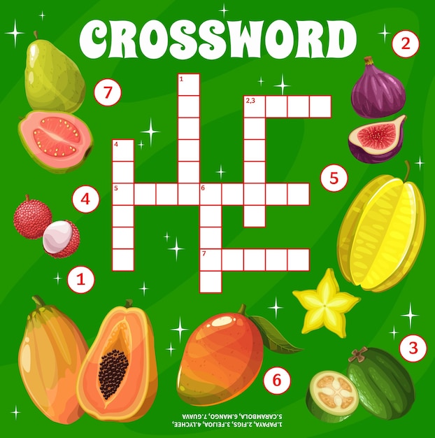 Rejilla de crucigramas de frutas crudas tropicales encontrar juego de palabras