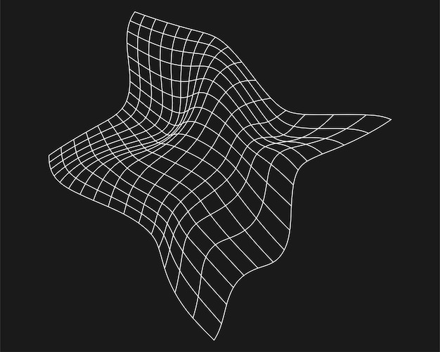 Rejilla distorsionada cibernética Elemento de diseño punk retro Rejilla de geometría de onda de estructura metálica sobre fondo negro Ilustración vectorial