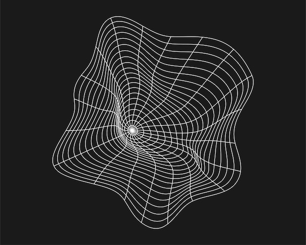 Rejilla distorsionada cibernética Elemento de diseño punk retro Rejilla de geometría de onda de estructura metálica sobre fondo negro Ilustración vectorial