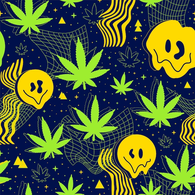 Vector rejilla distorsionada de flexión deformada en el espacio derretir sonrisa faceweed hoja de cannabis patrón sin costuras ilustración gráfica vectorial rejilla de fusión psicodélica distorsión technomarijuanaweed seamless pattern print