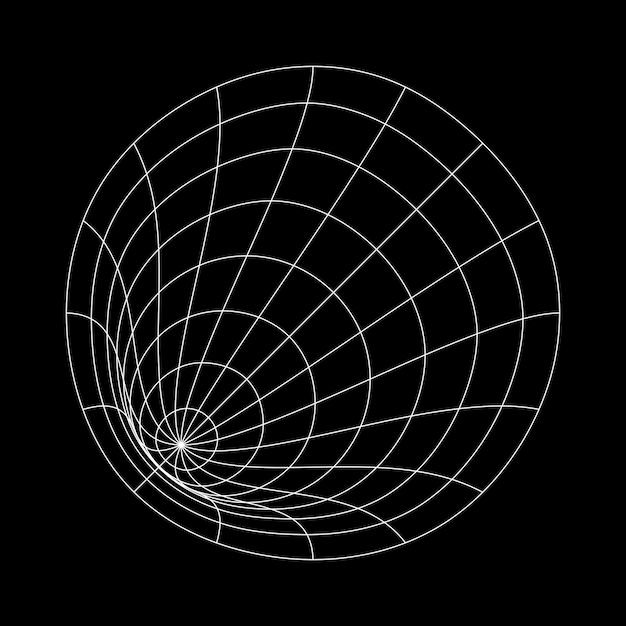 Rejilla espiral negra distorsionada sobre fondo blanco Textura de malla ondulada Red de pesca con efecto de deformación Superficie de celosía doblada Ilustración gráfica vectorial