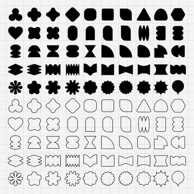 Rejilla de formas abstractas en blanco y negro Varias formas geométricas se repiten en patrones Las formas incluyen círculos cuadrados y triángulos en diferentes estilos Formas negras conjunto de elementos vectoriales