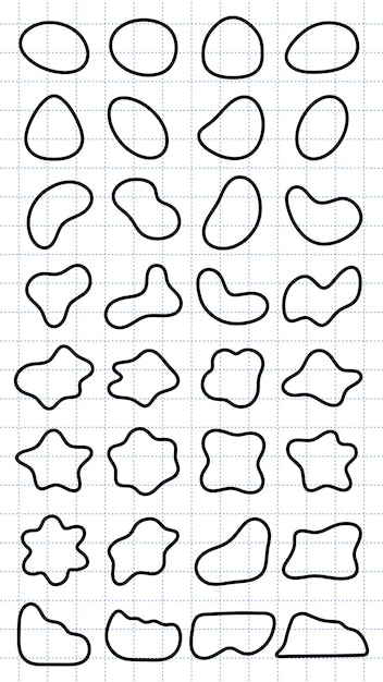 Rejilla con formas abstractas contornos negros sobre fondo blanco Las formas varían en forma abstracta y única El patrón de cuadrícula mejora las formas abstractos Conjunto vectorial de formas negras
