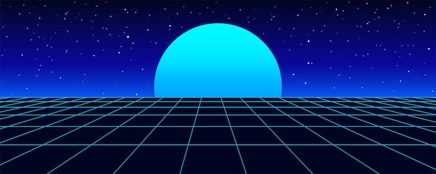 Rejilla de perspectiva retro digital Estilo de los años 80 Superficie cibernética futurista Años 80 Fondo azul de ciencia ficción retro Portada del álbum o pancarta al estilo de los años 8090 Ilustración vectorial