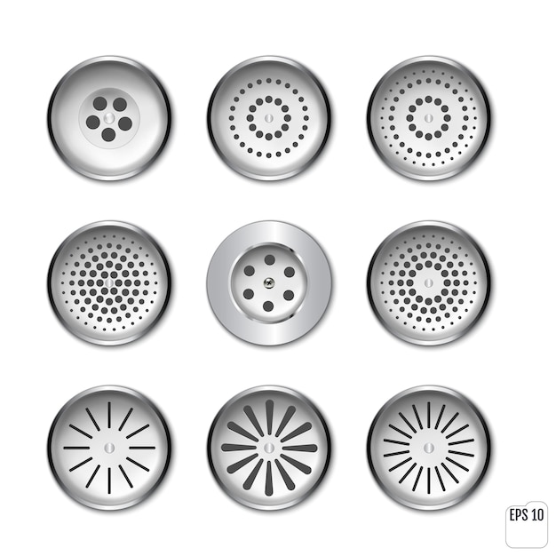 Rejillas de drenaje de metal para ducha o lavabo Vector realista conjunto de boca de drenaje redonda con rejilla de acero en alcantarillado en baño o piso de ducha
