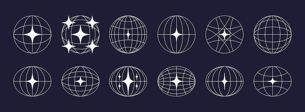 Rejillas retro del globo mundial en forma oval y redonda con iconos de estrellas que establecen la latitud y la longitud de la tierra.