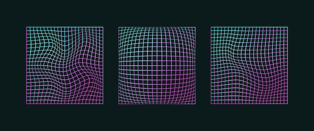 Rejillas retro de neón distorsionadas en el estilo de los años 80 con marcos de alambre deformados y curvos con patrones futuristas