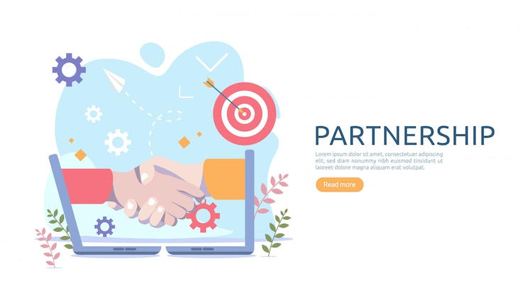 Vector relación de asociación comercial con apretón de manos y carácter de personas diminutas.