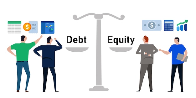 Vector relación entre la deuda y los fondos propios revisión fundamental de la empresa pasivos financieros y patrimonio para el inversor