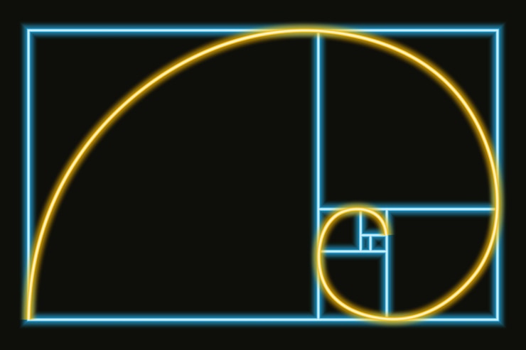 Vector relación dorada signo de neón número de fibonacci sección espiral de proporción divina ilustración vectorial moderna