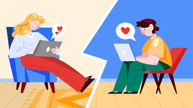 Relación virtual y diálogo amoroso. Comunicación entre personas a través de red. Combinación perfecta. ilustración