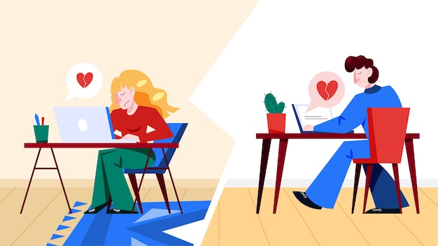 Relación virtual y diálogo amoroso. Comunicación entre personas a través de red. Combinación perfecta. ilustración