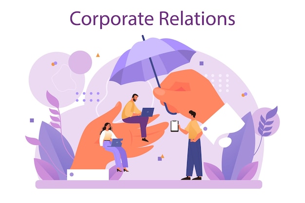 Relaciones corporativas. ética de negocios. desarrollo y cumplimiento de la organización corporativa. curso de política de empresa para empleados. ilustración vectorial plana