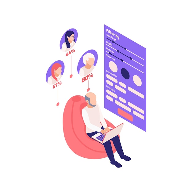 Relaciones virtuales composición isométrica de citas en línea con computadora portátil y aplicación de citas con filtros y avatares de socios ilustración