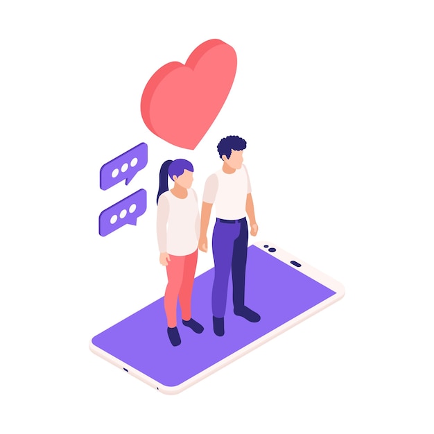 Relaciones virtuales composición isométrica de citas en línea con pareja joven de pie encima de la ilustración del teléfono inteligente