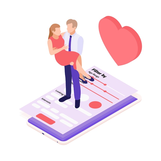 Relaciones virtuales en línea que data composición isométrica con el hombre que sostiene a la mujer en brazos en la ilustración de la pantalla del teléfono inteligente