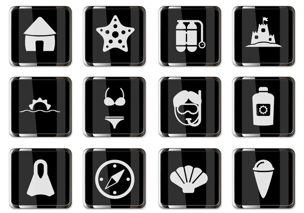 Relajarse en los pictogramas de playa en botones cromados negros. conjunto de iconos para su diseño. iconos vectoriales