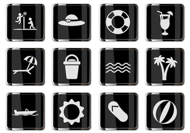 Relajarse en los pictogramas de playa en botones cromados negros. conjunto de iconos para su diseño. iconos vectoriales