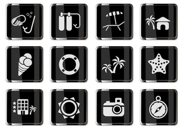 Relajarse en los pictogramas de playa en botones cromados negros. conjunto de iconos para su diseño. iconos vectoriales