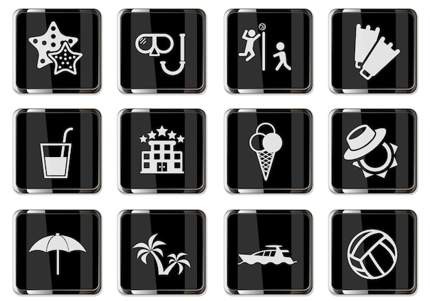 Relajarse en los pictogramas de playa en botones cromados negros. conjunto de iconos para su diseño. iconos vectoriales