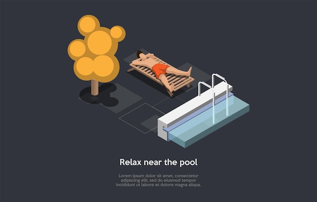 Relájese cerca del diseño del concepto de piscina. Composición isométrica, estilo de dibujos animados 3D. Ilustración de vector con carácter. Hombre acostado en hamacas, lavabo, árboles, elementos de diseño infográfico alrededor. Solo tiempo de relajación