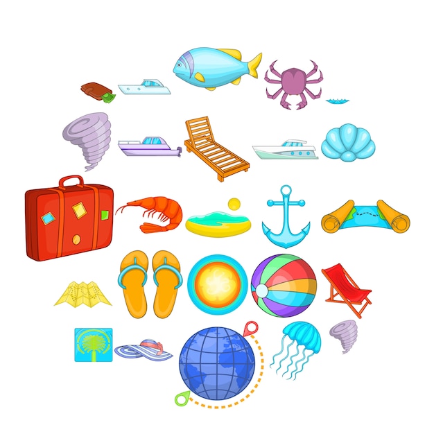 Relájese en el conjunto de iconos de la nave. Conjunto de dibujos animados de 25 relajarse en los iconos de la nave