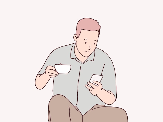 Relájese, hombre, disfrute de una taza de café y un teléfono inteligente, ilustración de estilo coreano simple