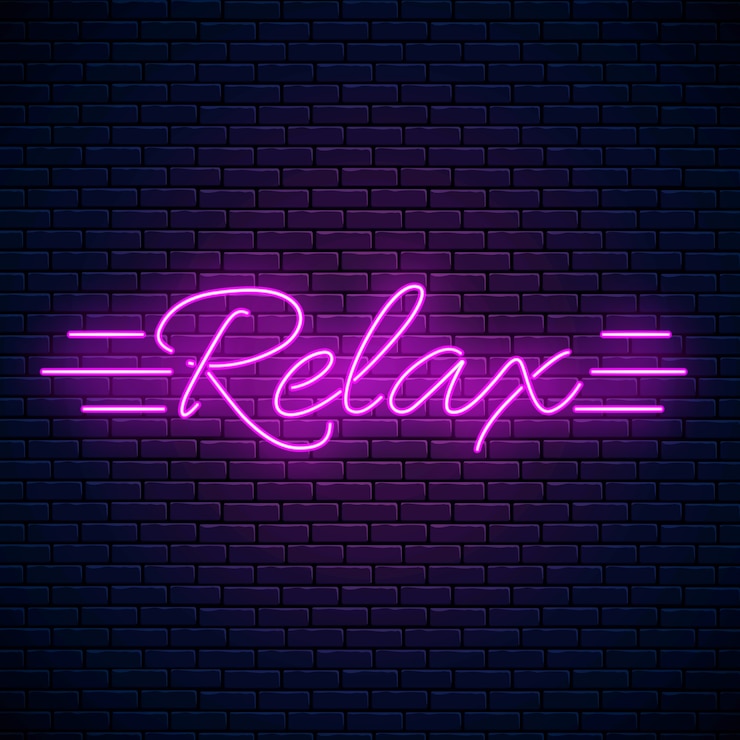 Vector relájese letras cita de motivación brillante ilustración de neón. símbolo del concepto de actitud positiva en estilo neón