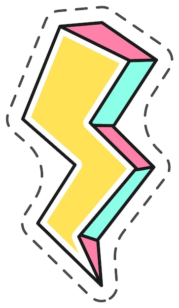 Relámpago amarillo que golpea diagonalmente con acentos rosados y azules delineados con una línea punteada negra sobre un fondo blanco