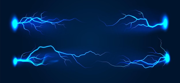 Relámpago azul realista Tormenta de trueno relámpago horizontal Relámpagos eléctricos golpe de trueno efecto de luz brillante carga de energía de potencia Conjunto aislado vectorial