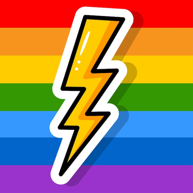Relámpago en un fondo multicolor rayado Pegatina de dibujos animados Bandera LGBT Pride Rainbow Ilustración vectorial