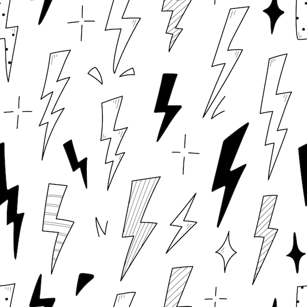 Relámpago garabato rayo de patrones sin fisuras. Estilo de boceto de garabato dibujado a mano. Fondo de perno de energía de flash eléctrico. ilustración vectorial
