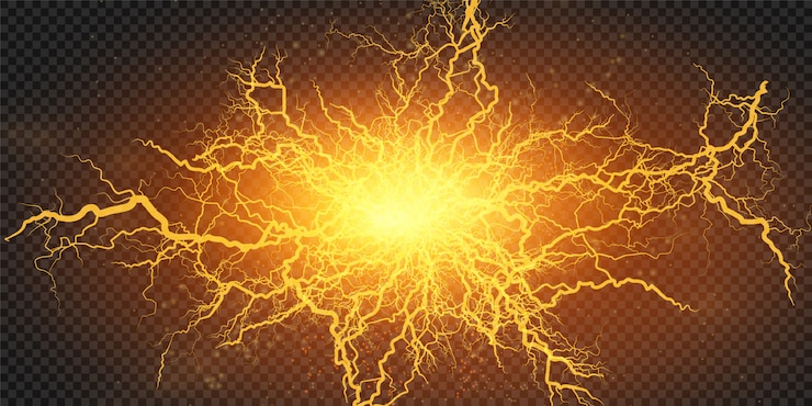 Vector relámpago relámpago luz trueno chispas sobre un fondo transparente. rayo fractal de fuego y hielo, fondo de energía de plasma